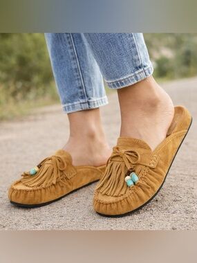 Boho Fringe Moccasin Slide Sandals Tan Beaded Mule Size 9